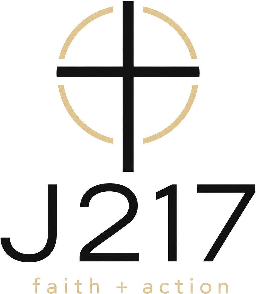 The J217 logo: a black cross inside an open gold circle, above the wordmark J217 and the phrase faith plus action.